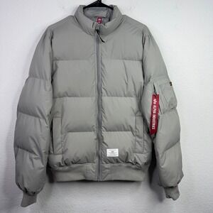 Alpha Industries Puffer Bomber Jacket Mens L Gray Quilted Streetwear Utility